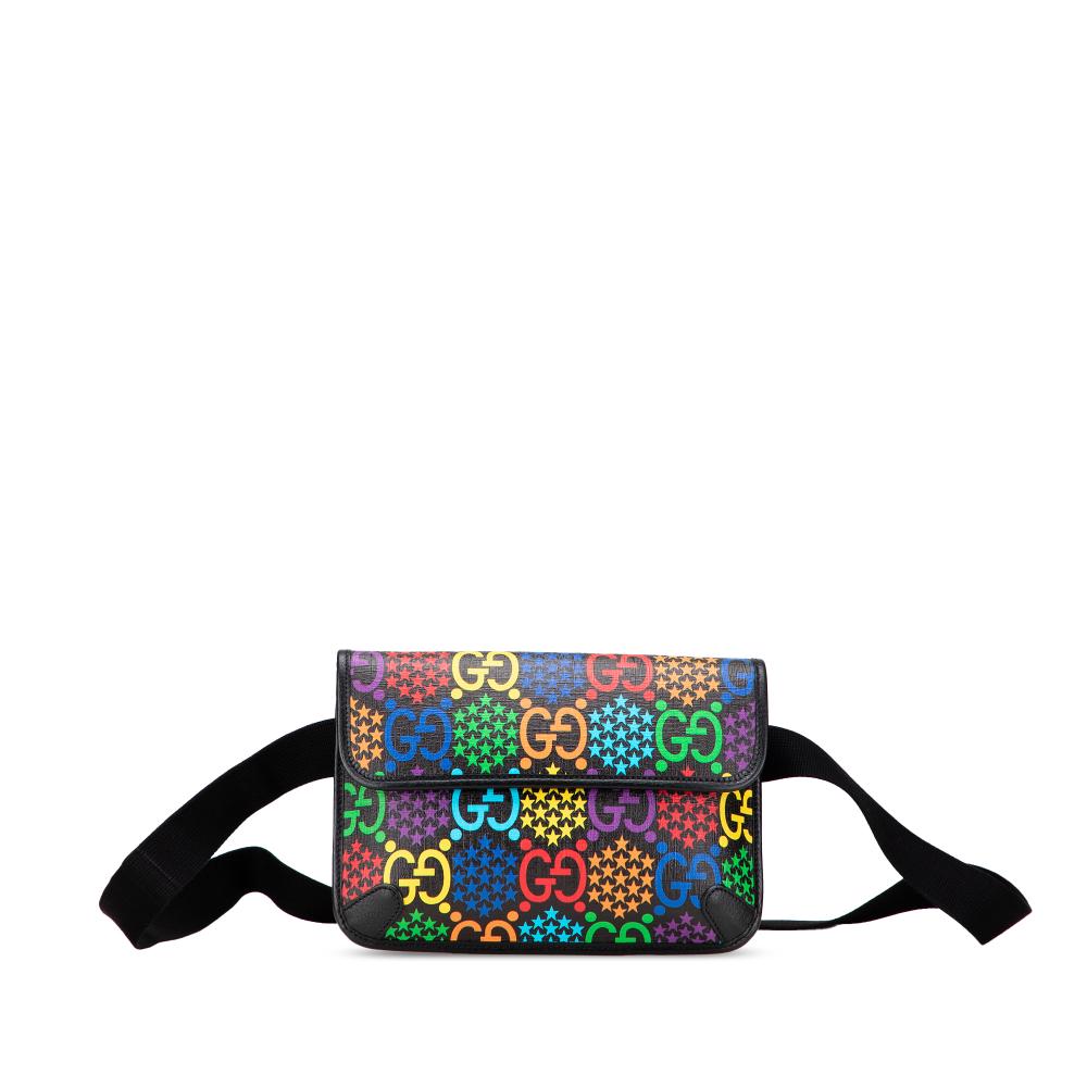 Gucci AB Gucci Black Coated Canvas Fabric GG Supreme Psychedelic Belt Bag Italy