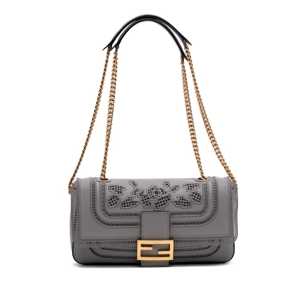 Fendi B Fendi Gray Calf Leather Embroidered Lace Baguette Chain Italy