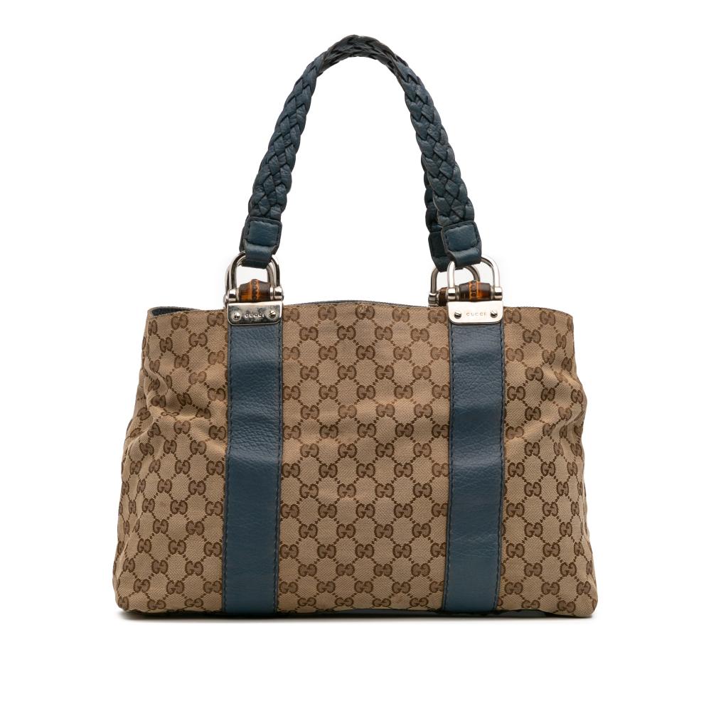 Gucci B Gucci Brown Beige Canvas Fabric GG Bamboo Libeccio Tote Italy