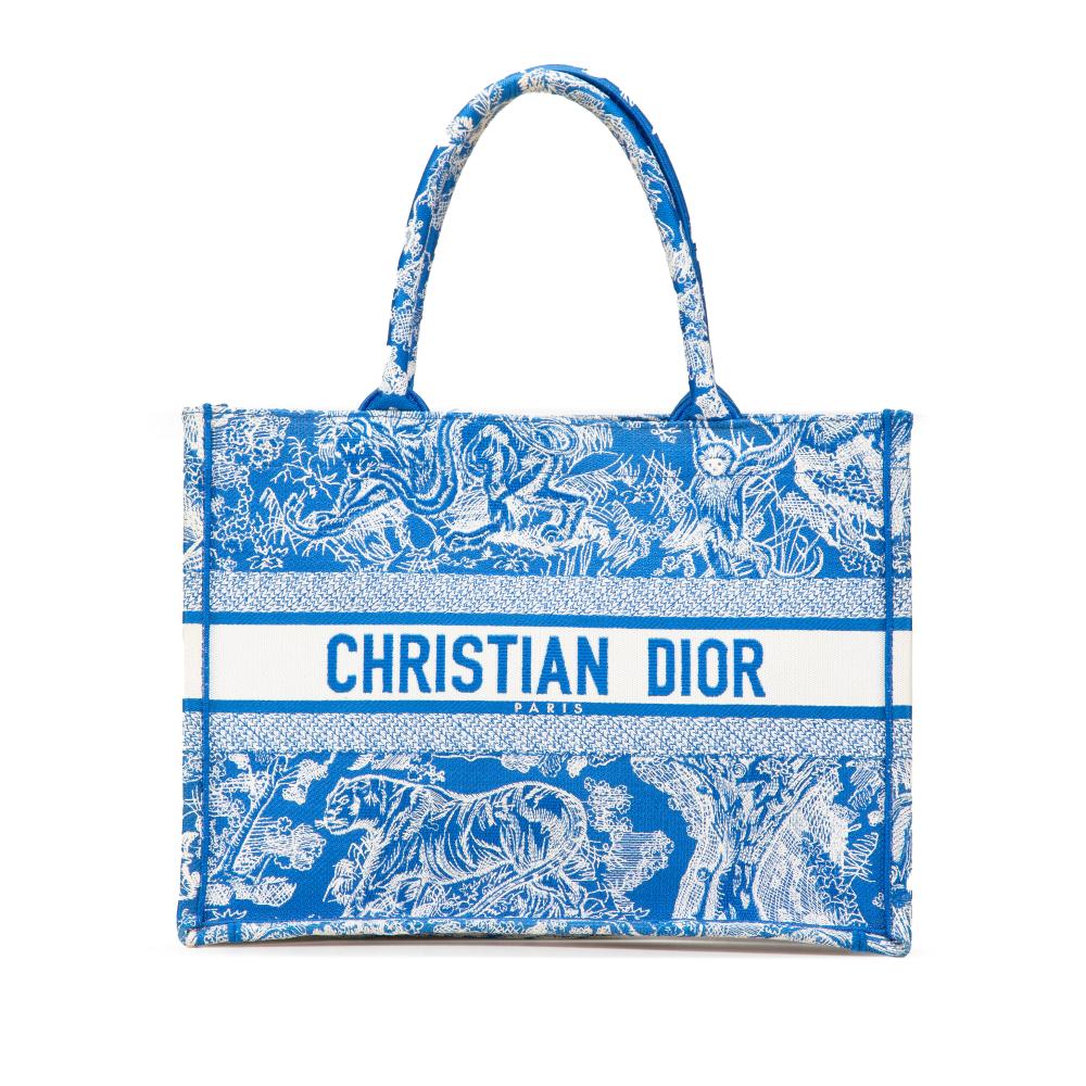 Christian Dior B Dior Blue Canvas Fabric Medium Embroidered Dioriviera Toile De Jouy Book Tote Italy