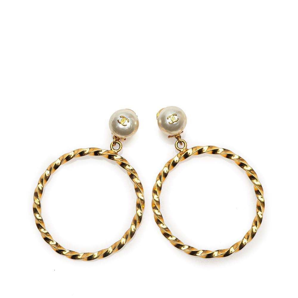Chanel AB Chanel Gold with White Pearl Gold Plated Metal CC Big Hoop Pearl Clip On Earrings France