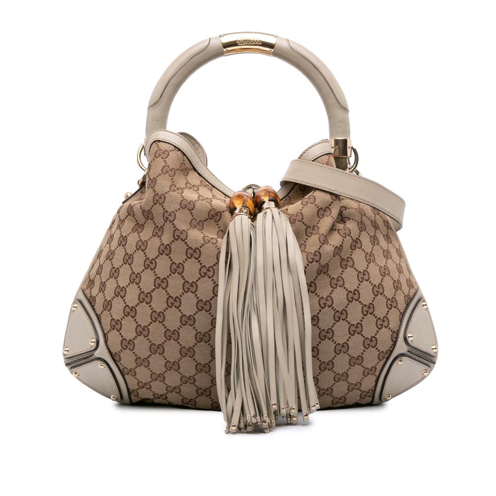 Gucci B Gucci Brown Beige with White Canvas Fabric Medium GG Bamboo Indy Hobo Italy