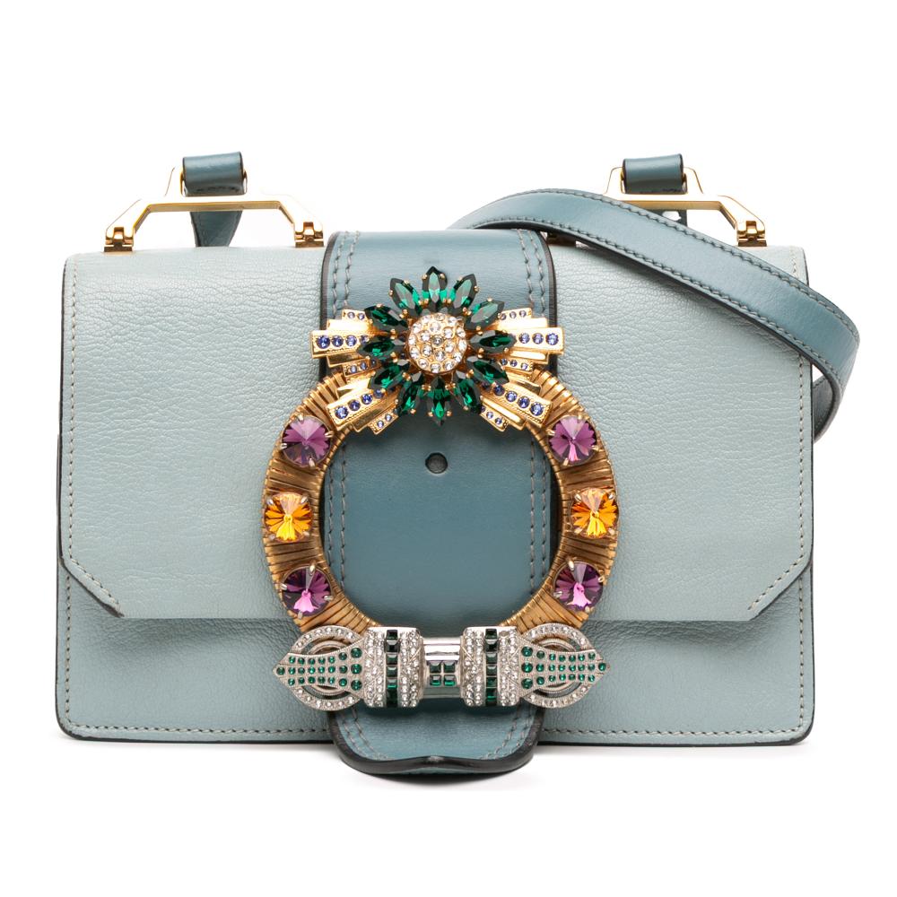 Miu Miu B Miu Miu Blue Light Blue Goatskin Leather Madras Soft Calf Crystal Embellished Crossbody Italy