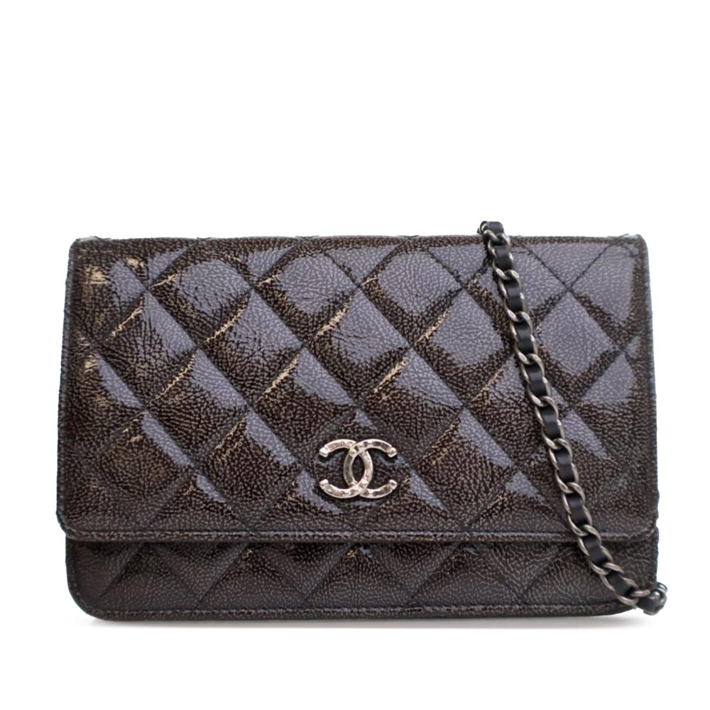 Chanel B Chanel Brown Dark Brown Calf Leather CC Quilted Shiny Crumpled skin Wallet on Chain Italy
