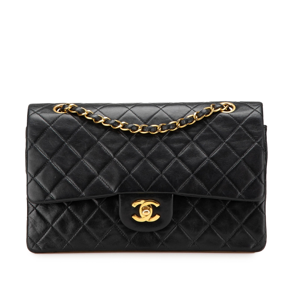 Chanel Vintage Classic Double Flap Medium Lambskin Leather Matelassè Shoulder Bag Black