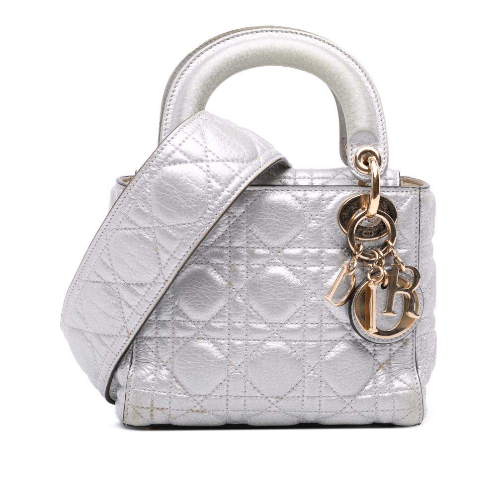 Christian Dior B Dior Silver Calf Leather Mini Metallic Grained skin Cannage Lady Dior Italy