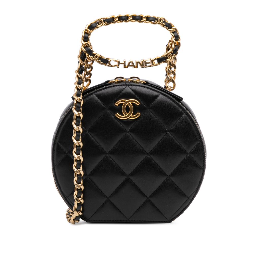 Chanel Black Quilted Lambskin Oval Logo Chain Top Handle Round Clutch on Chain Italy