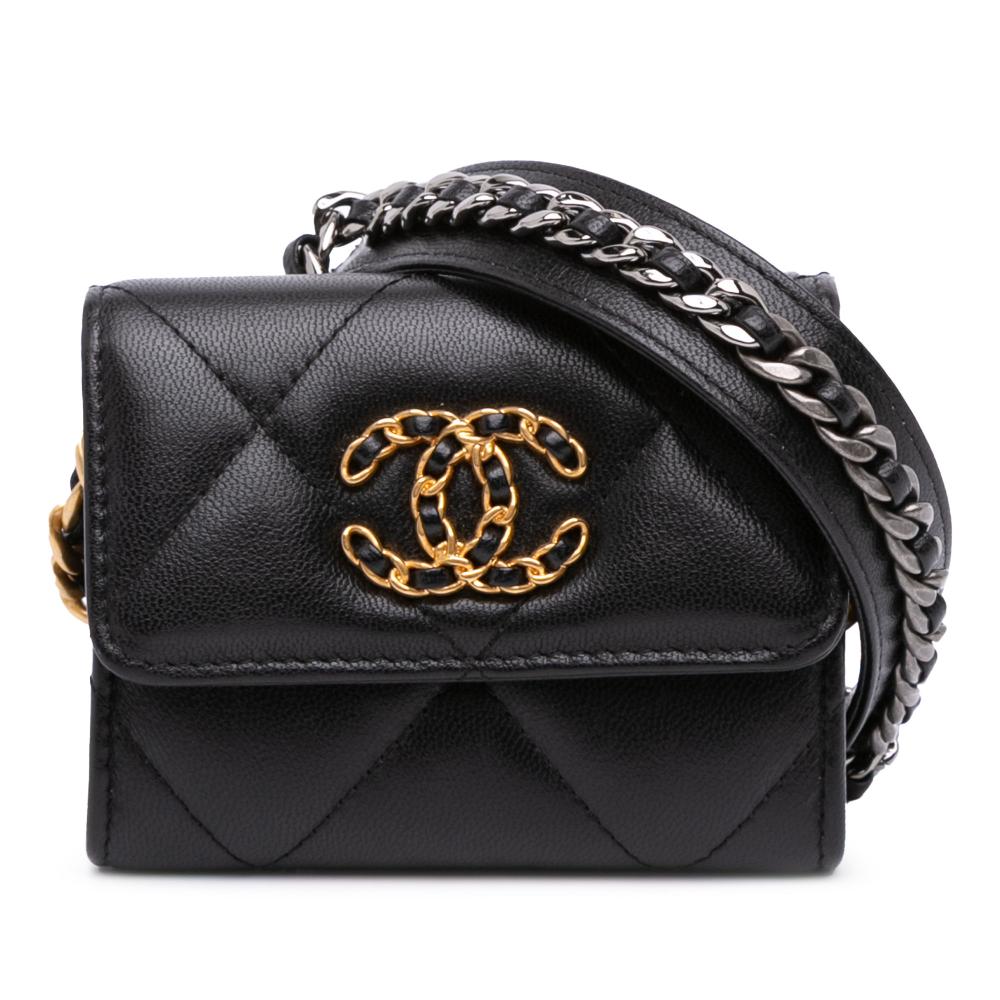 Chanel AB Chanel Black Lambskin Leather Leather Quilted Lambskin 19 Flap Coin Purse With Chain Italy