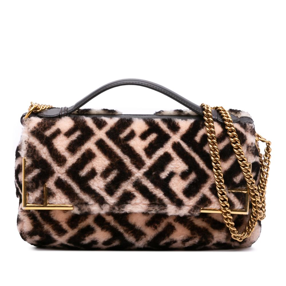 Fendi B Fendi Brown Beige Fur Natural Material Zucca Shearling Double F Baguette Satchel Italy