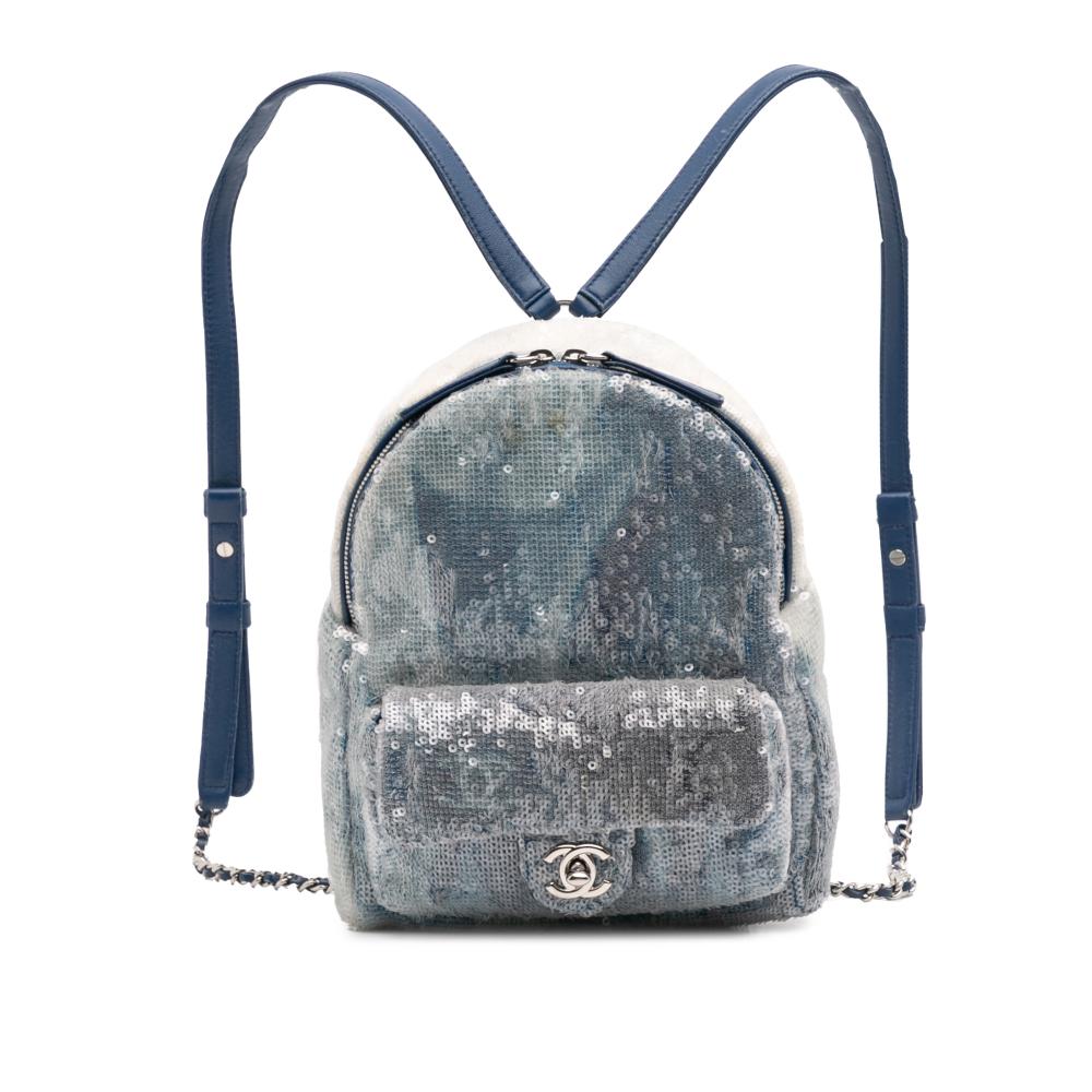 Chanel B Chanel Blue Fiber Fabric Sequin Waterfall Backpack Italy