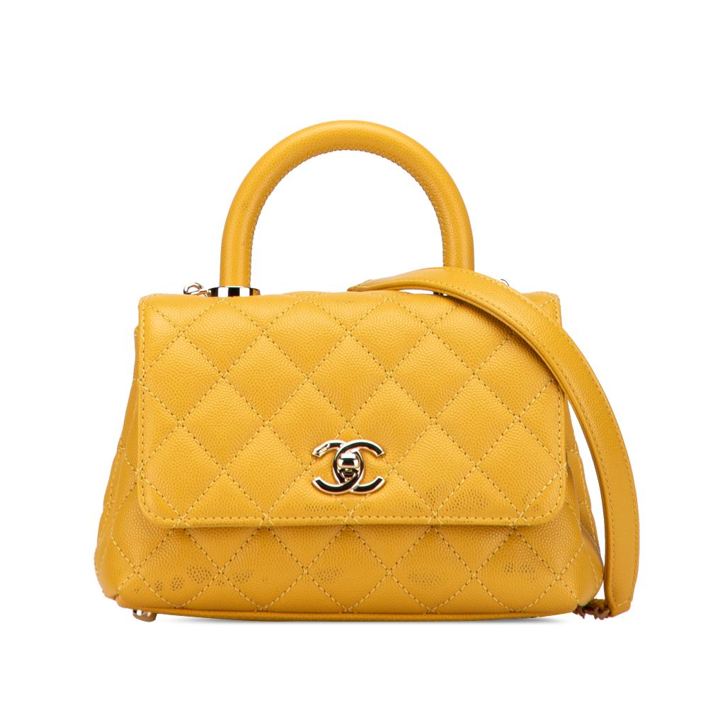 Chanel B Chanel Yellow Mustard Caviar Leather Leather Extra Mini Quilted Caviar Coco Top Handle Bag Italy