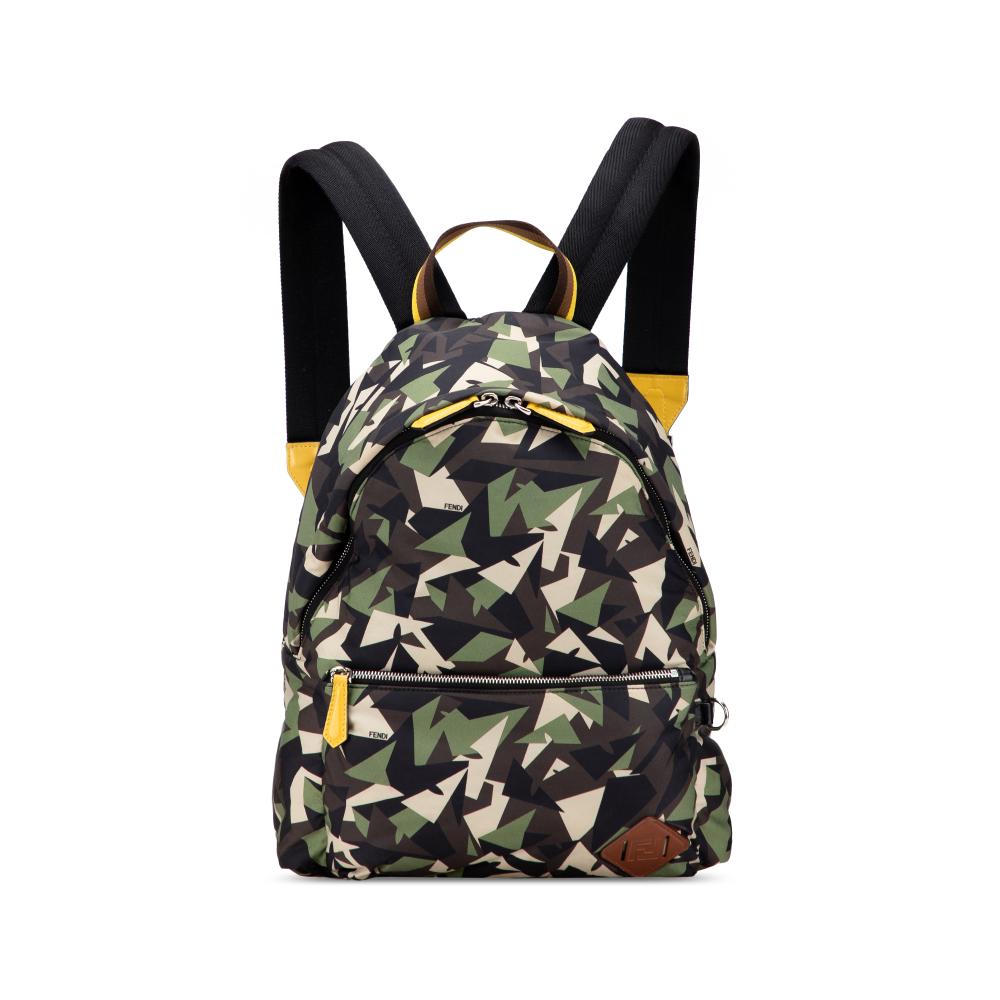 Fendi AB Fendi Black with Green Nylon Fabric Camouflage Print Bugs Backpack Italy