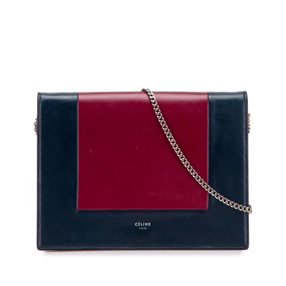 Celine B Celine Red Dark Red with Blue Navy Calf Leather Frame Wallet on Chain Italy