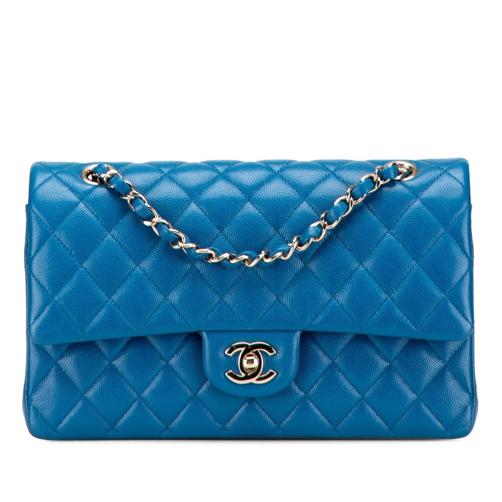 Chanel Classic Double Flap Medium Caviar Leather Matelassè Shoulder Bag Blue