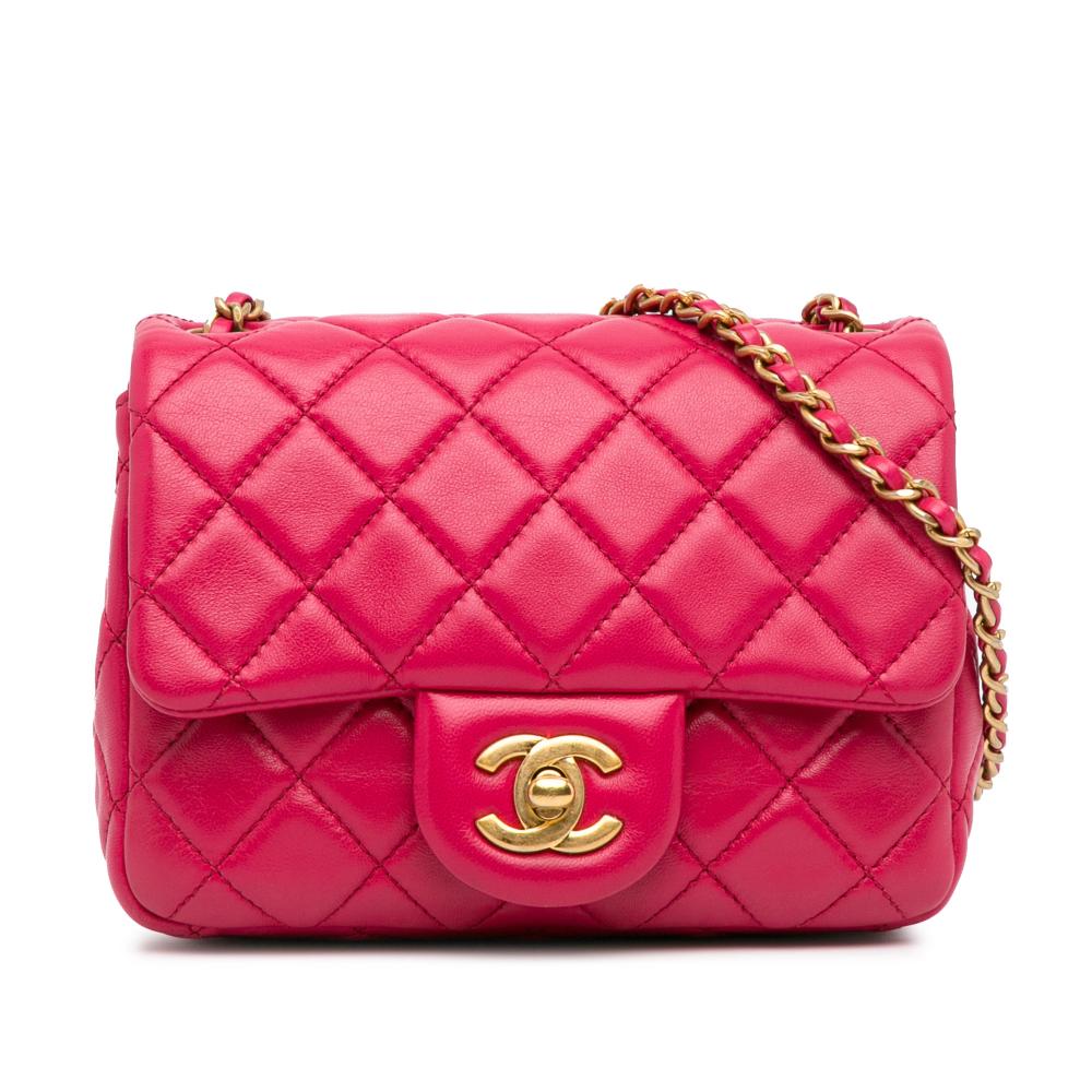 Chanel Pink Mini Square Classic Lambskin Pearl Crush Single Flap Italy