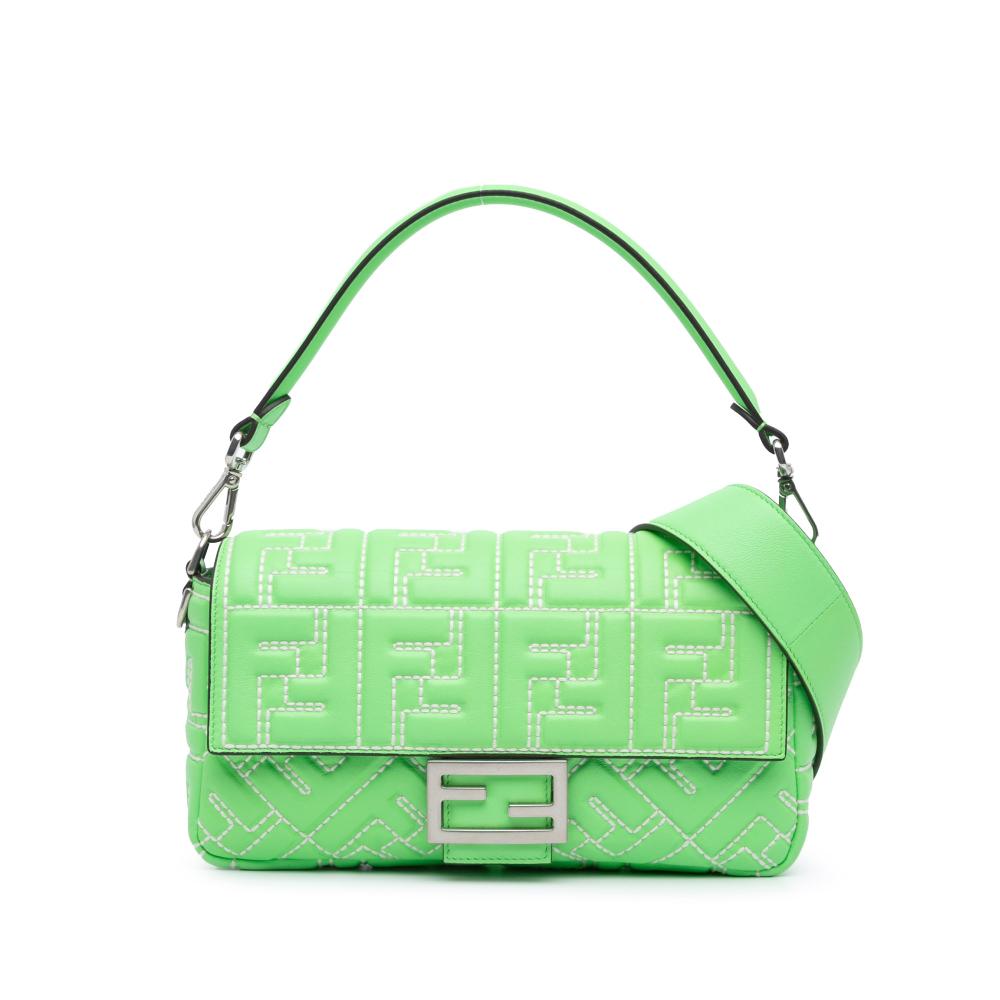 Fendi B Fendi Green Light Green Calf Leather Zucca Embossed Stitched Baguette Satchel Italy