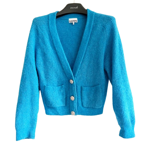 Ganni Veste en laine turquoise avec boutons en strass