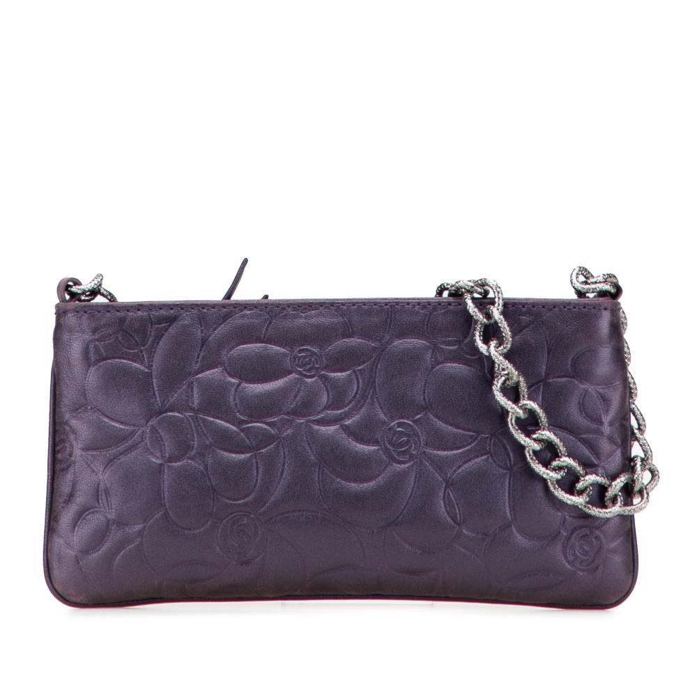 Chanel B Chanel Purple Plum Lambskin Leather Leather Embossed Lambskin Camellia Chain Pochette Italy