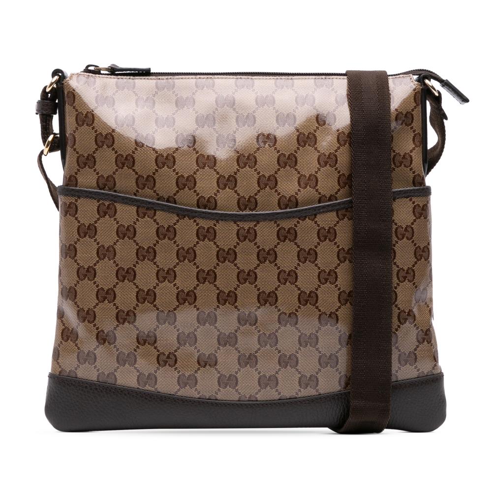 Gucci B Gucci Brown Beige Coated Canvas Fabric GG Crystal Flat Messenger Bag Italy