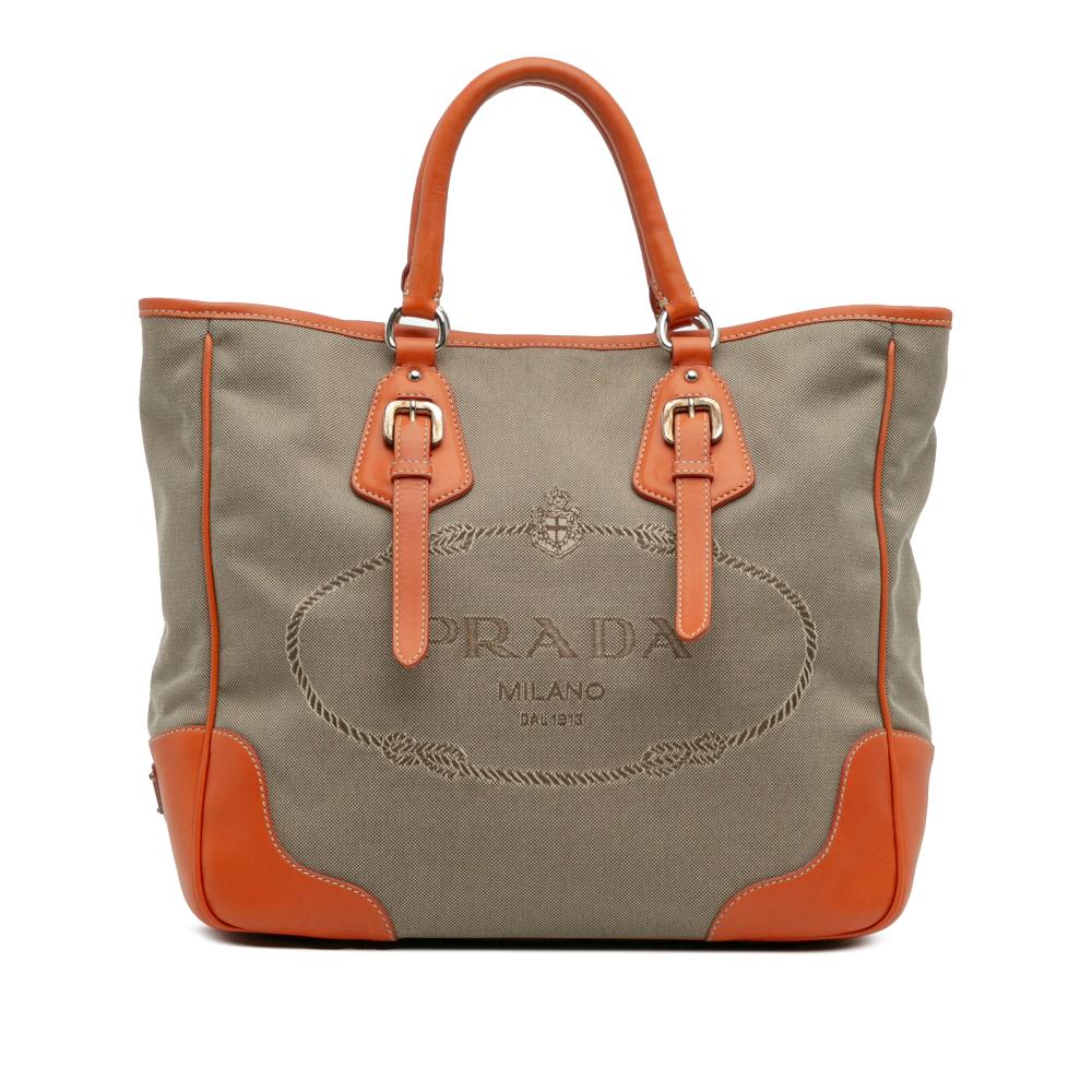 Prada B Prada Brown Beige with Orange Canvas Fabric Canapa Logo Convertible Tote Italy