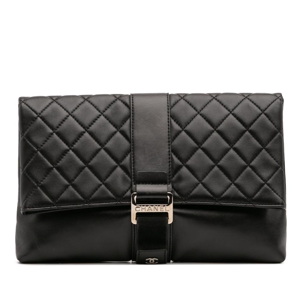 Chanel AB Chanel Black Lambskin Leather Leather CC Quilted Lambskin Grip Clutch Italy