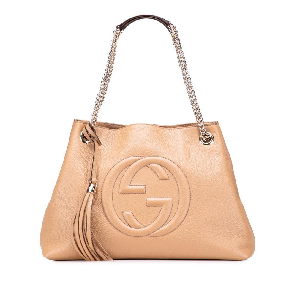 Gucci AB Gucci Brown Nude Calf Leather Medium Soho Chain Tote Italy