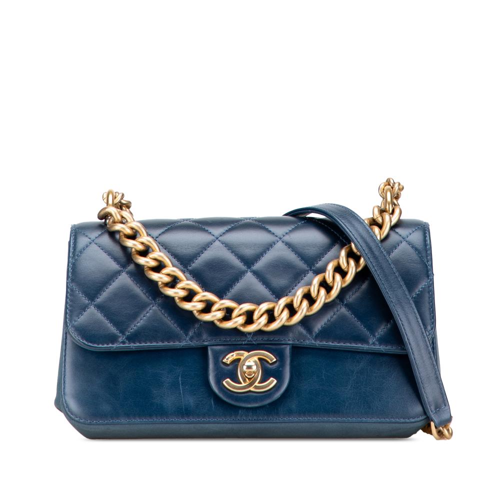 Chanel B Chanel Blue Dark Blue Calf Leather Small Quilted skin Straight Lined Flap Italy