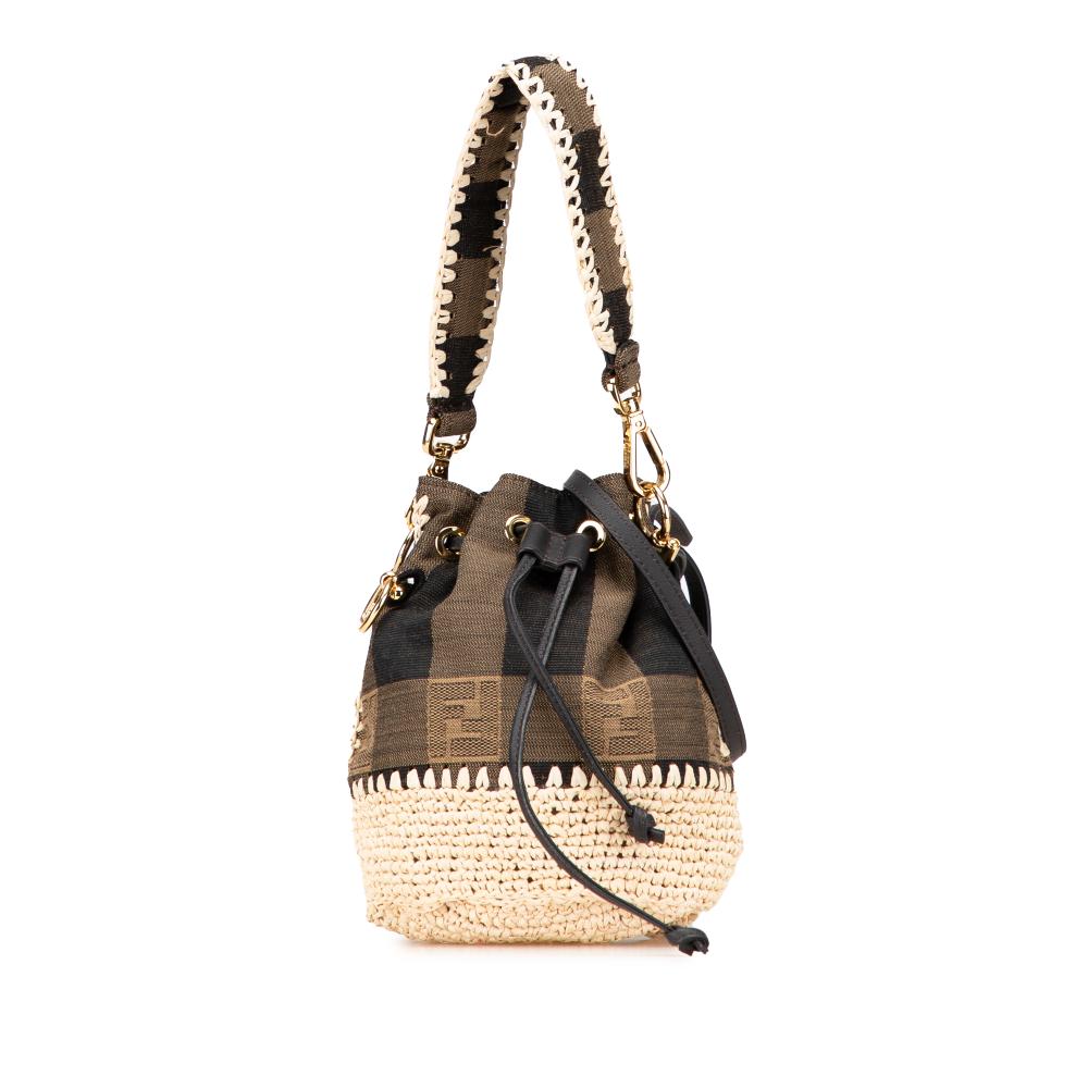 Fendi B Fendi Brown Jacquard Fabric Zucca Pequin Jaquard and Straw Mon Tresor Bucket Bag Italy