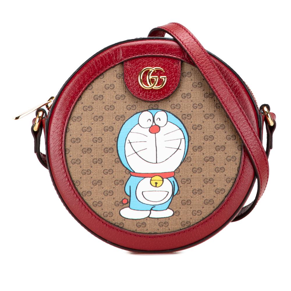 Gucci AB Gucci Brown Beige Coated Canvas Fabric Micro GG Supreme Doraemon Round Crossbody Italy