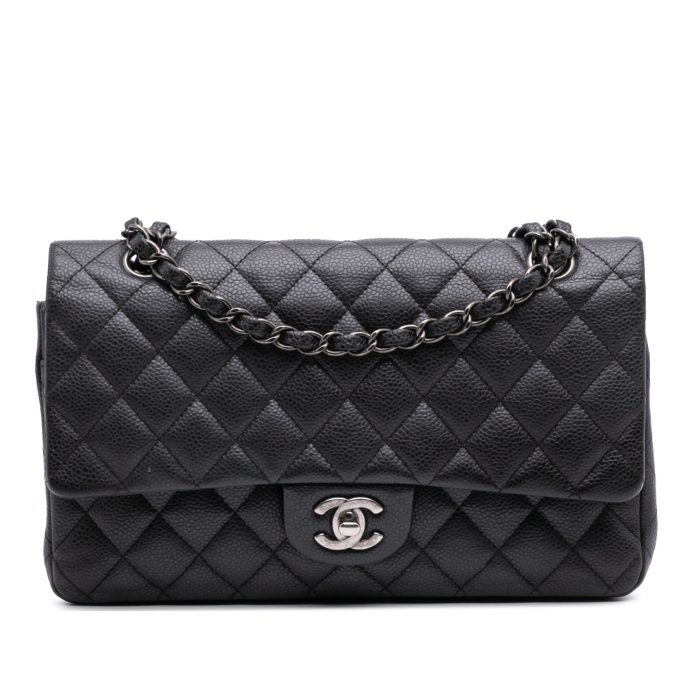 Chanel Classic Double Flap Medium Caviar Leather Matelassè Shoulder Bag Black