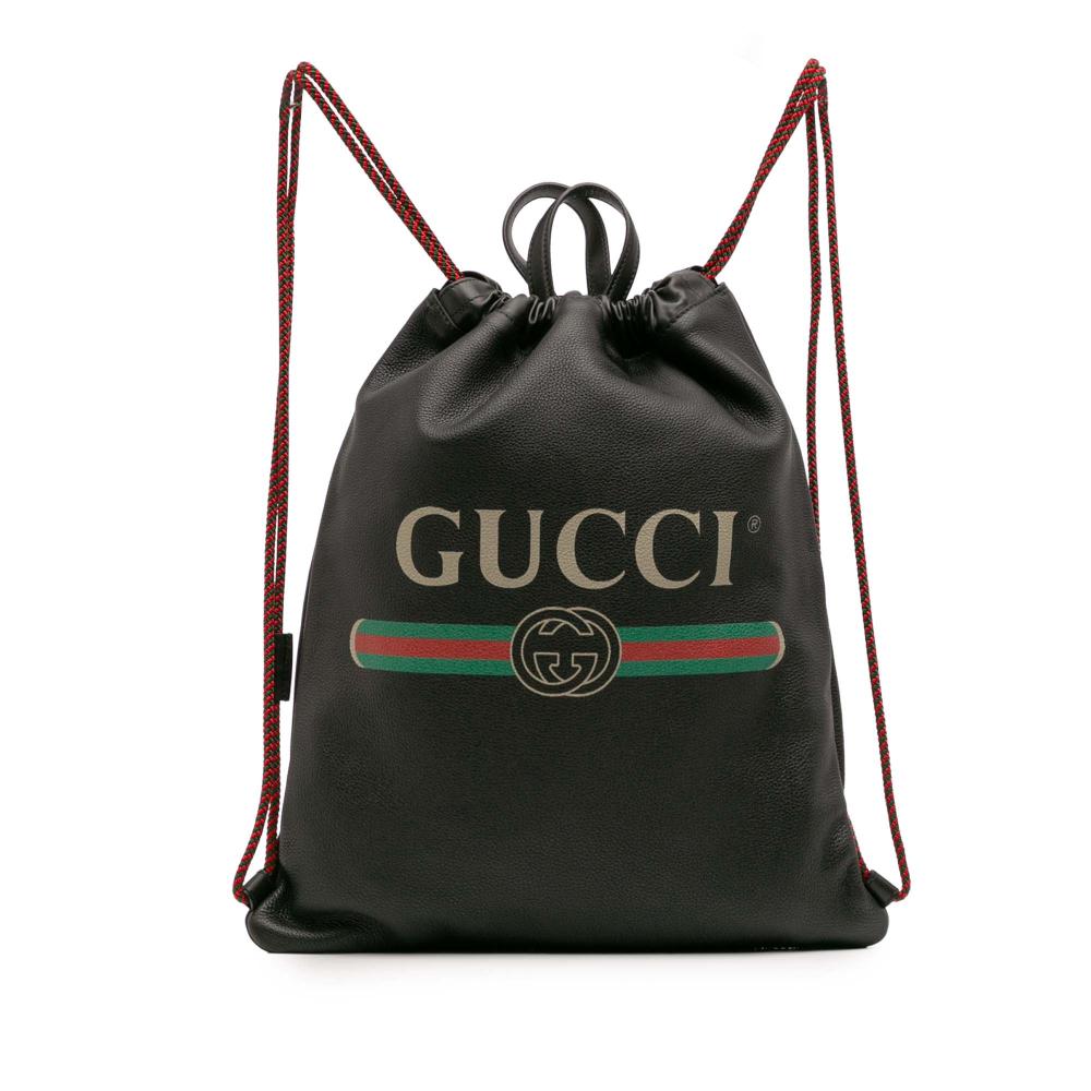 Gucci AB Gucci Black Calf Leather Logo Drawstring Backpack Italy