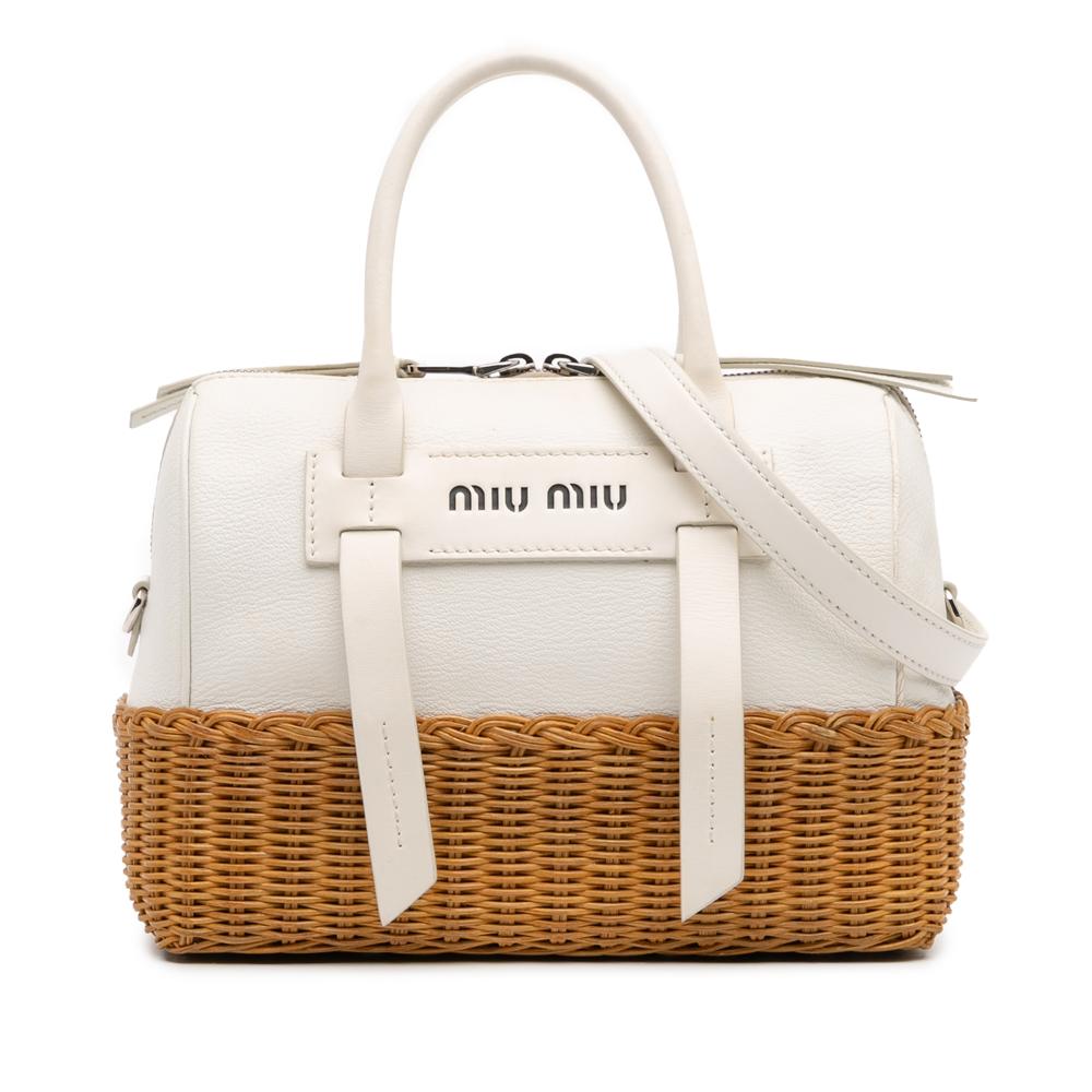 Miu Miu B Miu Miu White with Brown Calf Leather Wicker Trimmed Top Handle Bag Italy