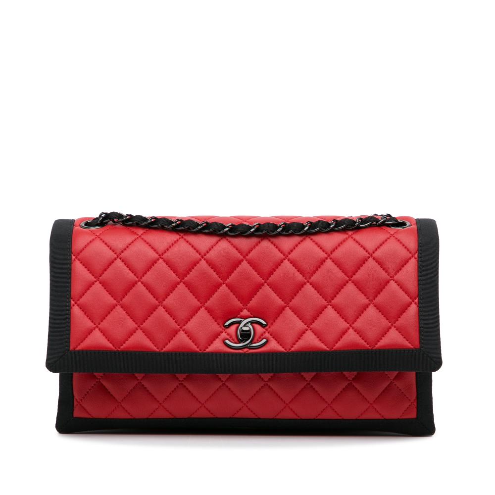Chanel AB Chanel Red Lambskin Leather Leather Medium Quilted Lambskin Grosgrain Two Tone Flap Italy