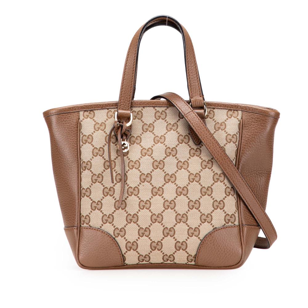 Gucci B Gucci Brown Beige Canvas Fabric Small GG Bree Satchel Italy