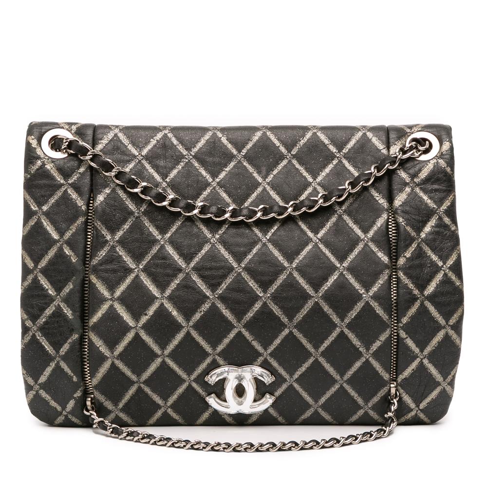 Chanel B Chanel Black Lambskin Leather Leather Quilted Metallic Distressed Lambskin CC Crystal Flap Italy