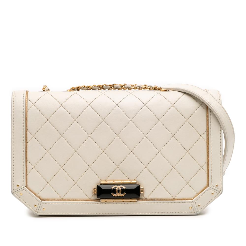 Chanel B Chanel White Ivory Calf Leather Medium Quilted skin Octagon CC Clasp Flap Italy