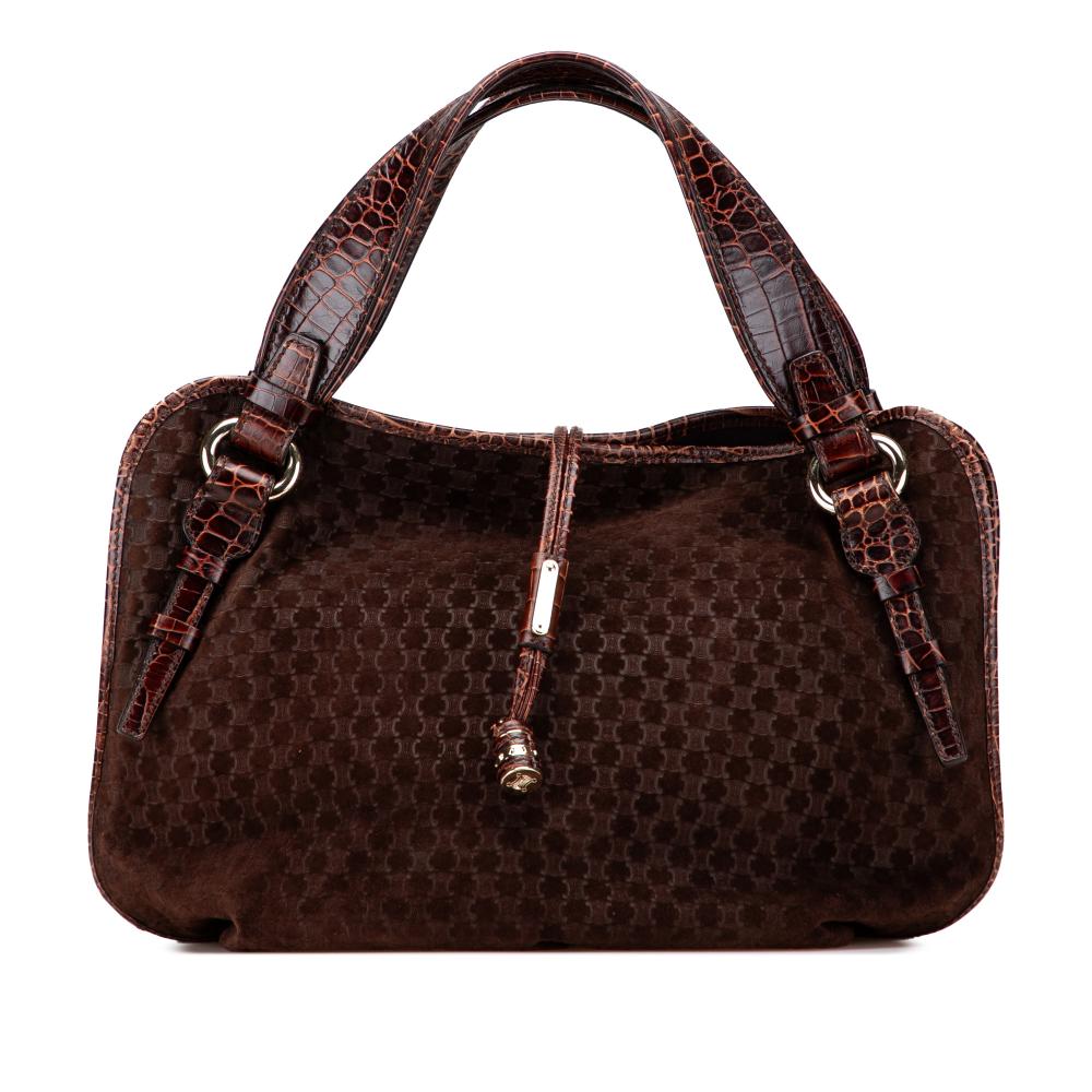 Celine B Celine Brown Suede Leather Macadam and Croc Embossed Bittersweet Hobo China