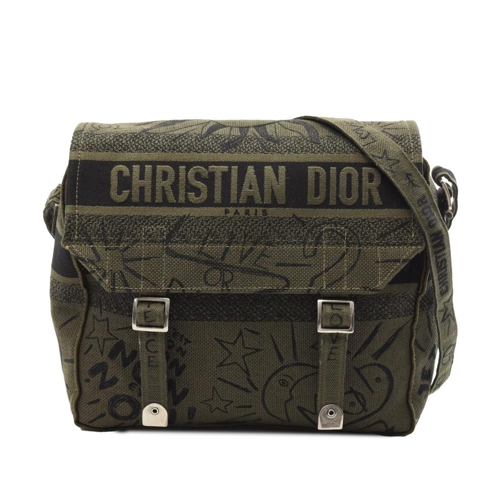 Christian Dior B Dior Green Olive Green Canvas Fabric Large Embroidered Graffiti Diorcamp Messenger Bag Italy