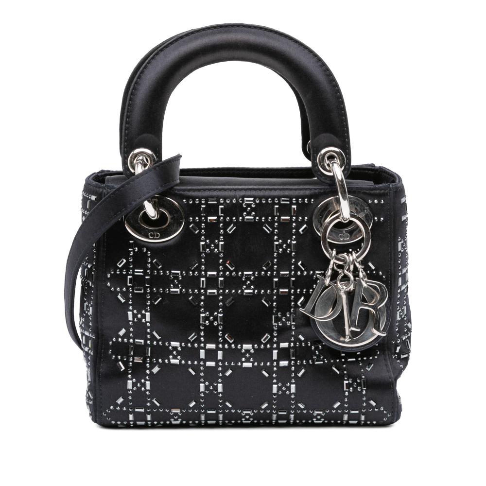 Christian Dior B Dior Black Satin Fabric Mini Cannage Strass Crystal Embellished Lady Dior Italy