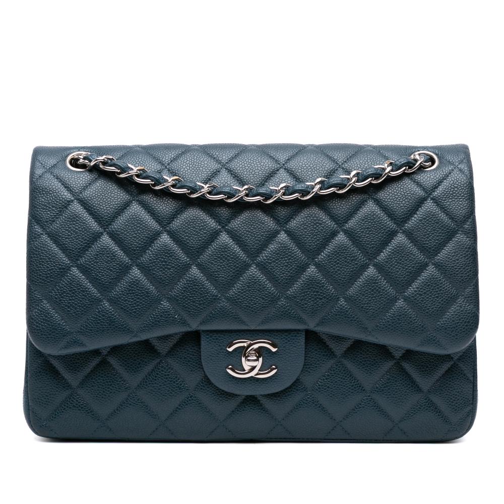 Chanel AB Chanel Blue Peacock Caviar Leather Leather Jumbo Classic Iridescent Caviar Double Flap Italy