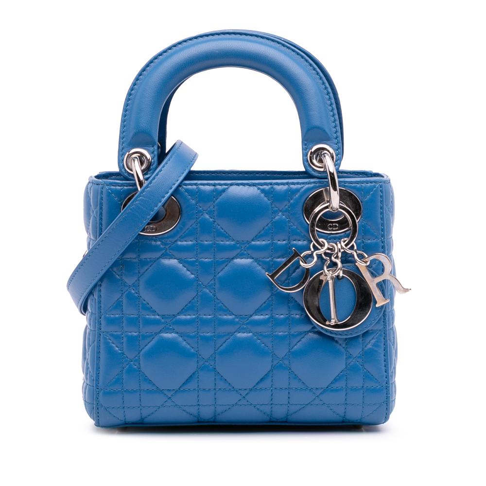 Christian Dior B Dior Blue Light Blue Lambskin Leather Leather Mini Lambskin Cannage Lady Dior Italy