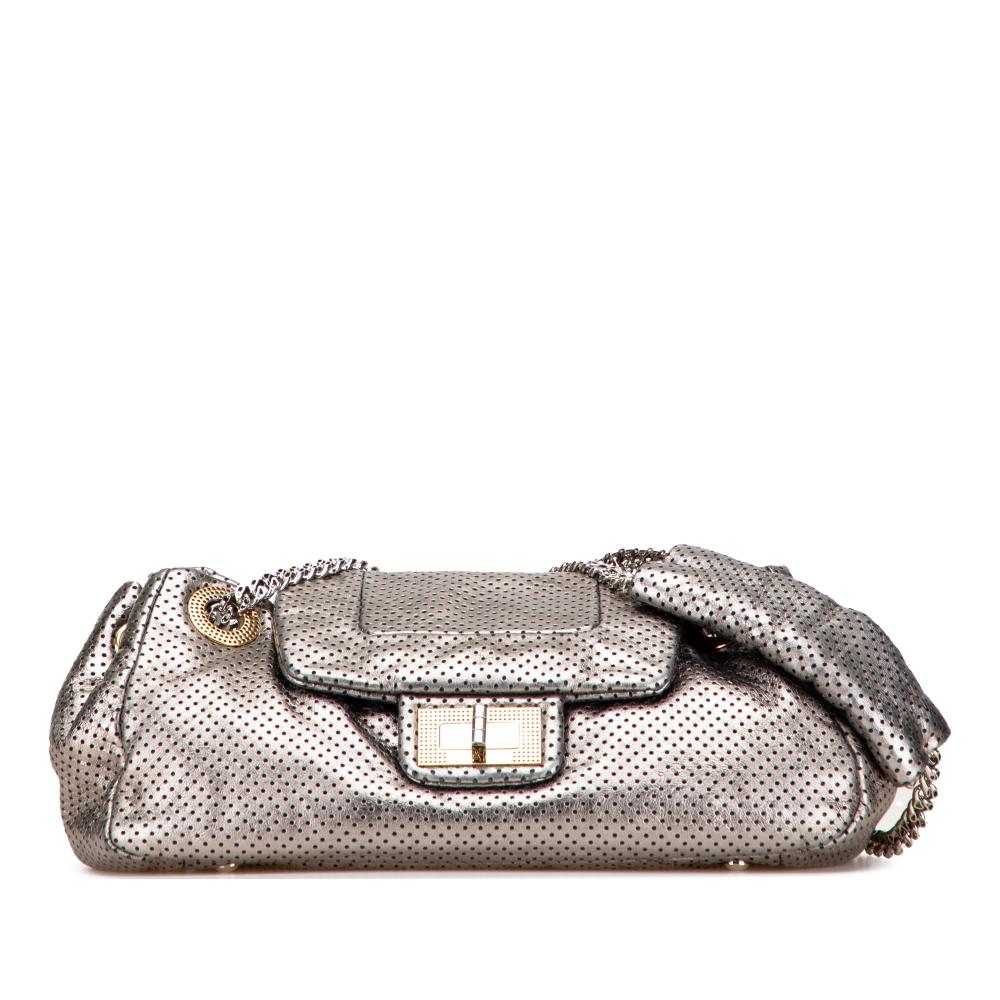 Chanel B Chanel Silver Calf Leather Metallic Perforated skin Drill Accordion Flap Italy