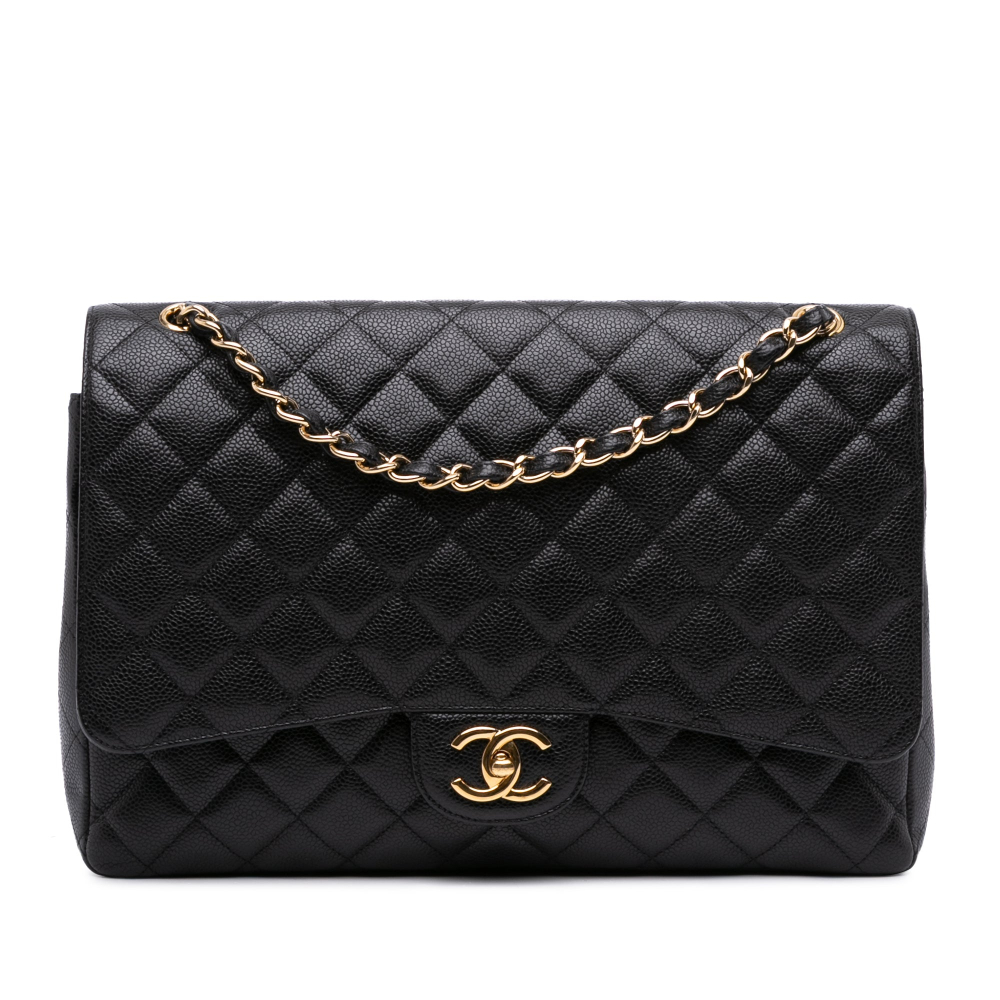 Chanel Classic Double Flap Maxi Caviar Leather Quilted Shoulder Bag Black