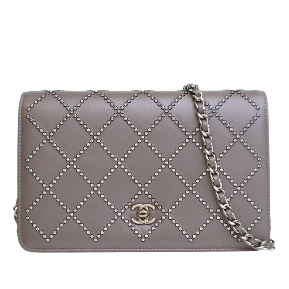 Chanel AB Chanel Gray Calf Leather CC Studded skin Crystal Wallet On Chain France