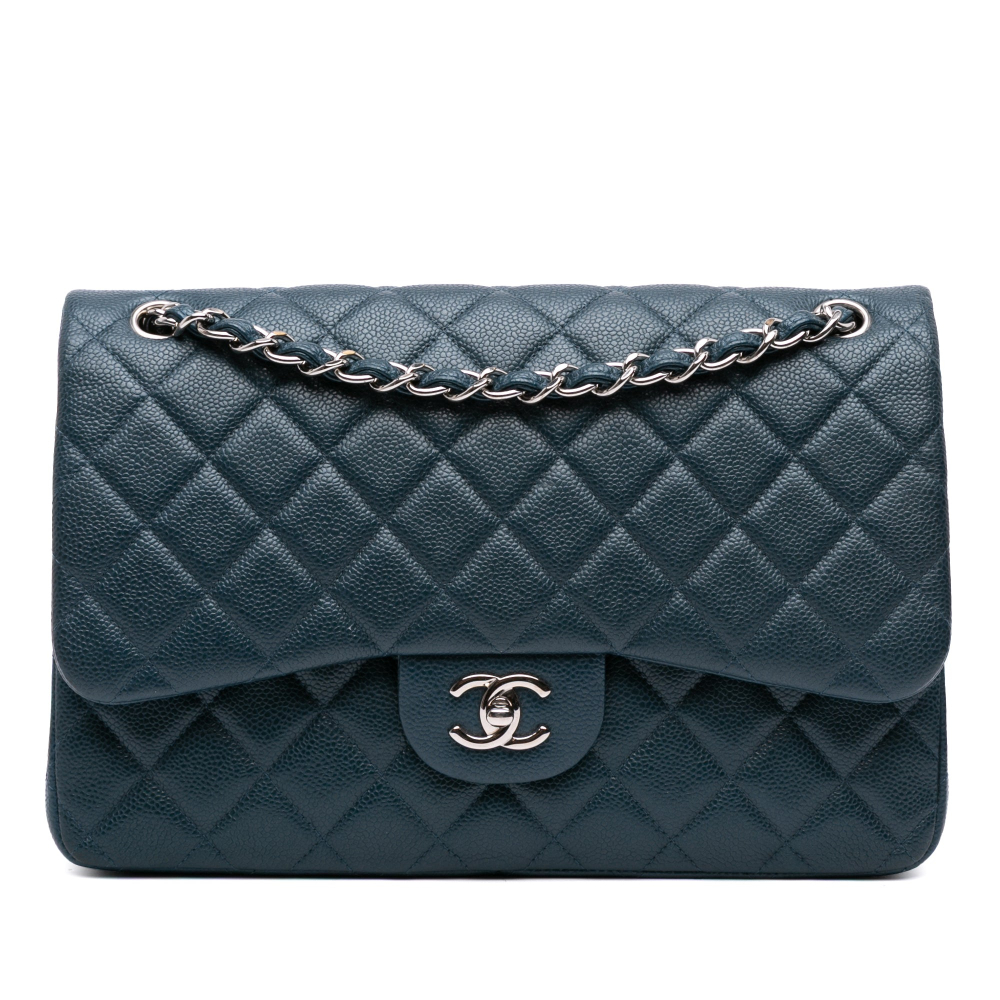 Chanel Classic Double Flap Jumbo Matelassè Caviar Leather Flap Handbag Blue