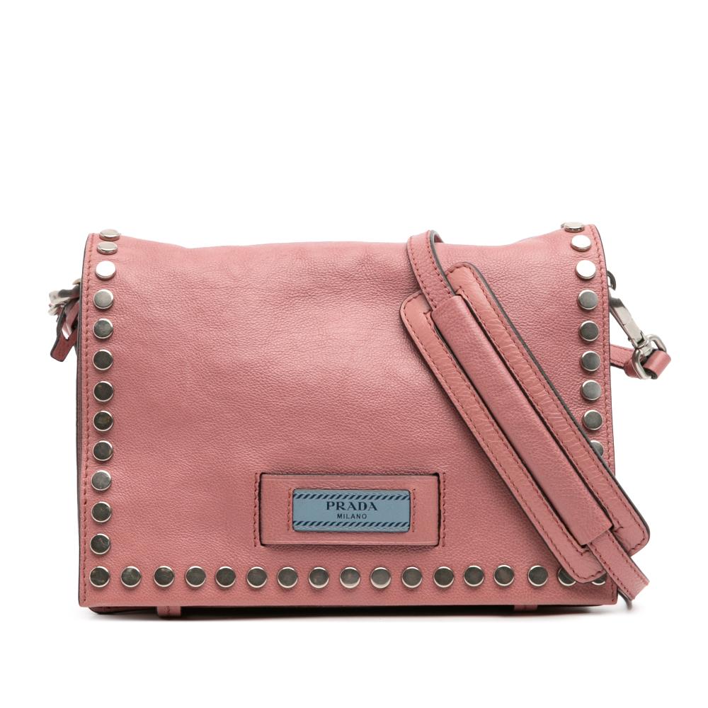 Prada AB Prada Pink Calf Leather Glace Studded Etiquette Flap Crossbody Italy