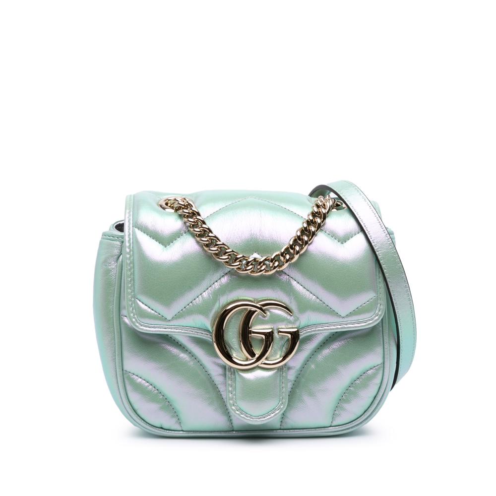 Gucci AB Gucci Green Light Green Calf Leather Mini GG Marmont Matelasse Iridescent Flap Crossbody Italy