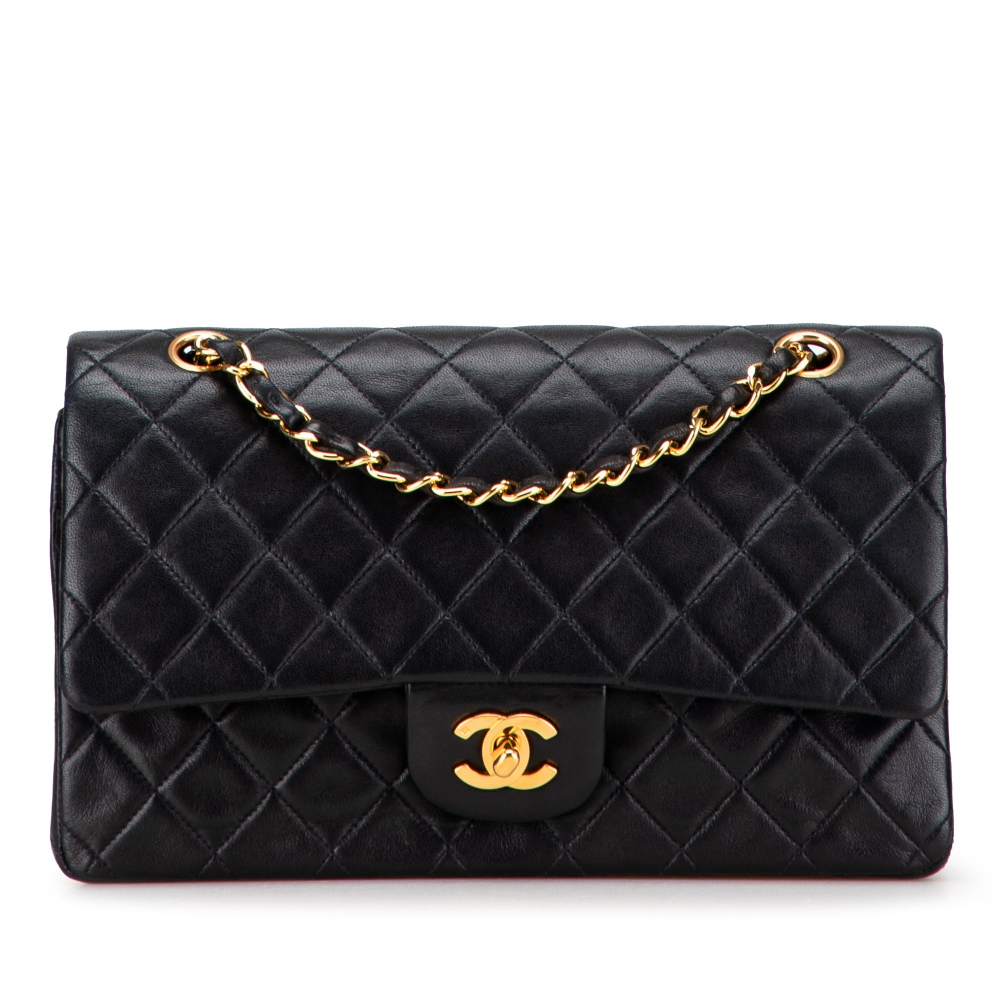 Chanel Vintage Classic Double Flap Medium Lambskin Leather Matelassè Shoulder Bag Black
