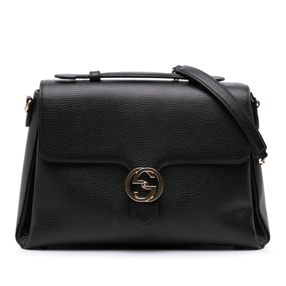 Gucci B Gucci Black Calf Leather Medium Dollar Interlocking G Satchel Italy