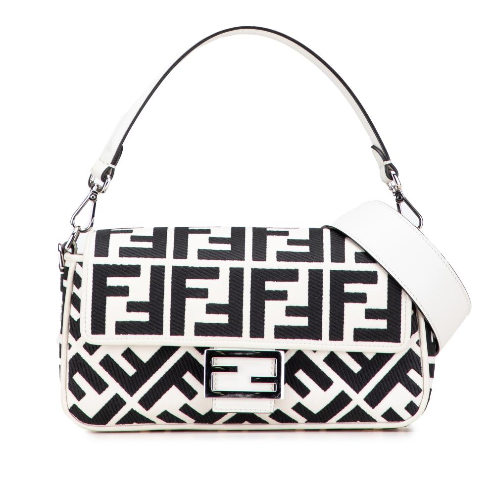 Fendi AB Fendi White Canvas Fabric Zucca Embroidered Baguette Satchel Italy
